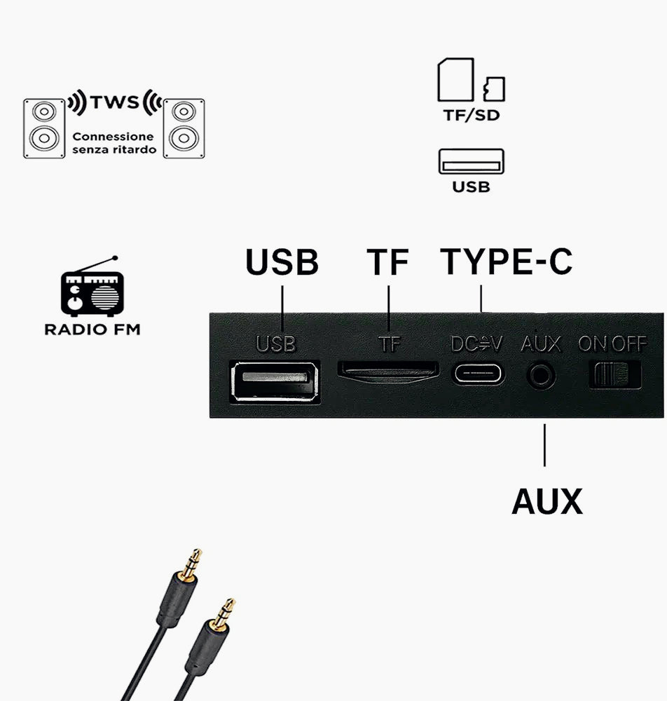 Cassa Bluetooth TWS 5W – FM, luci RGB, USB/TF/AUX ricaricabile - ambraled