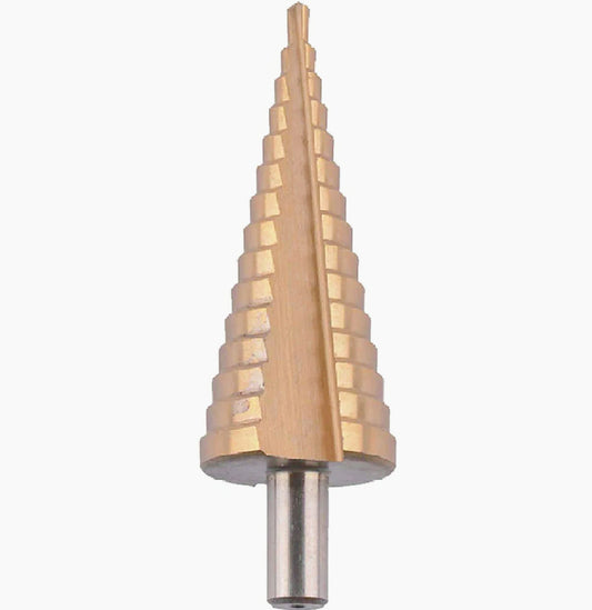 Punta conica a scalini HSS con rivestimento titanio – Fresa per trapano diametri 4-30 mm, per acciaio, ottone, rame, alluminio e legno
