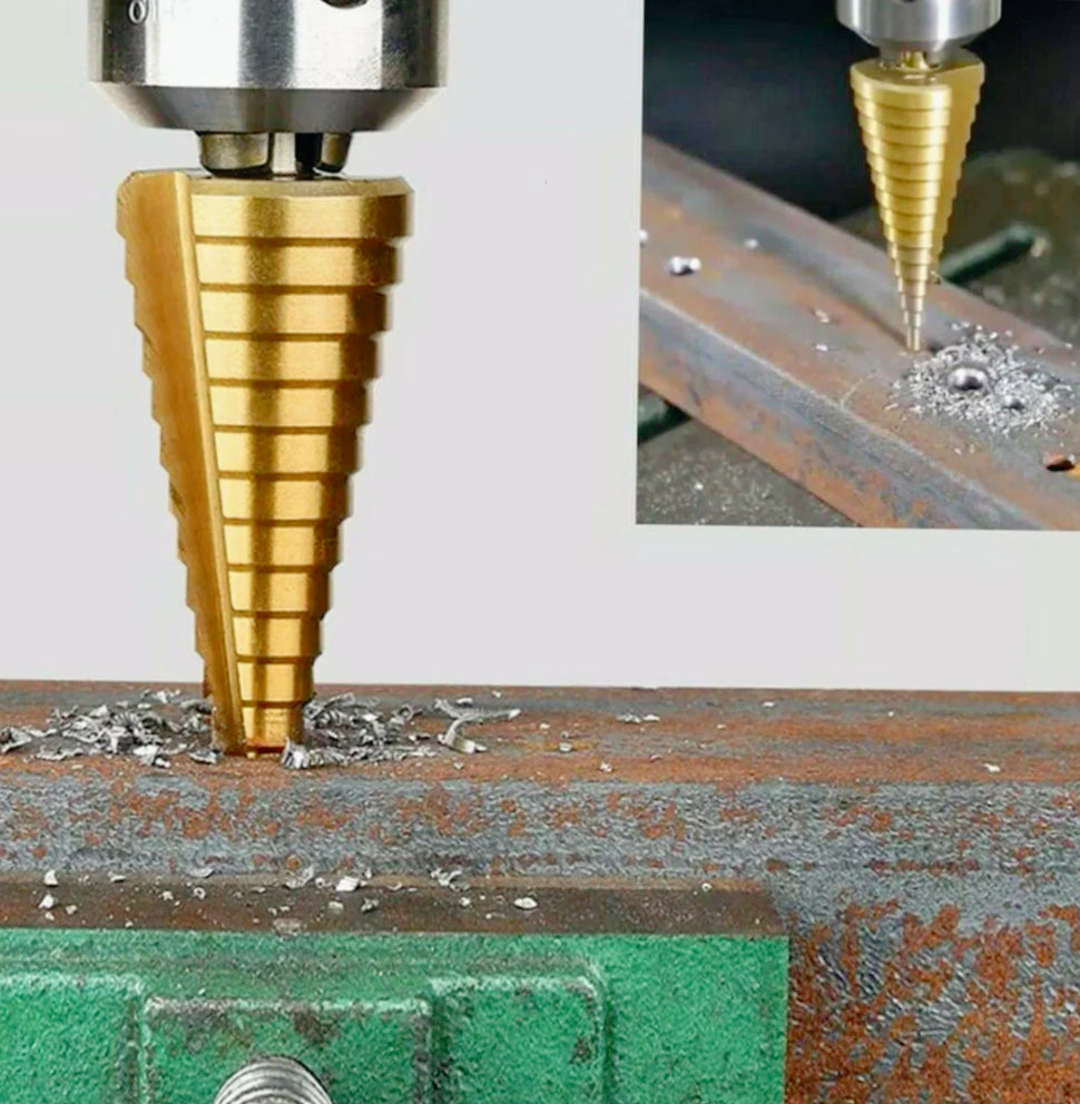 Punta conica a scalini HSS con rivestimento titanio – Fresa per trapano diametri 4-30 mm, per acciaio, ottone, rame, alluminio e legno