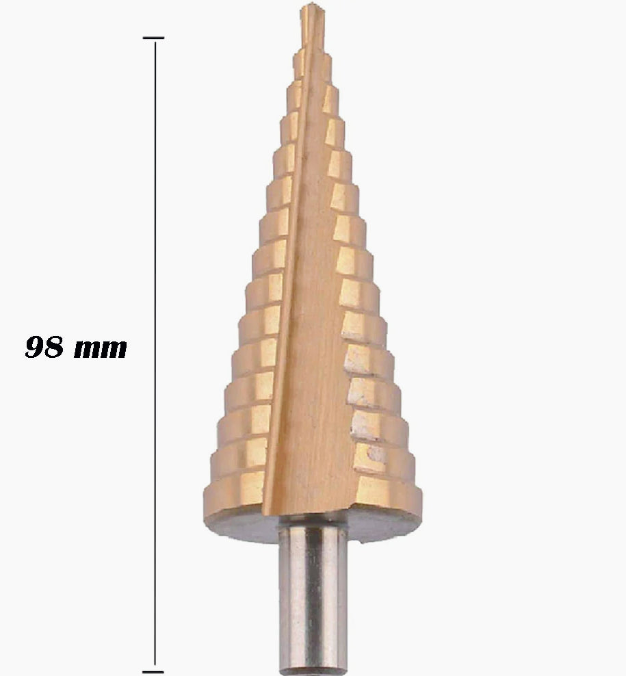 Punta conica a scalini HSS con rivestimento titanio – Fresa per trapano diametri 4-30 mm, per acciaio, ottone, rame, alluminio e legno