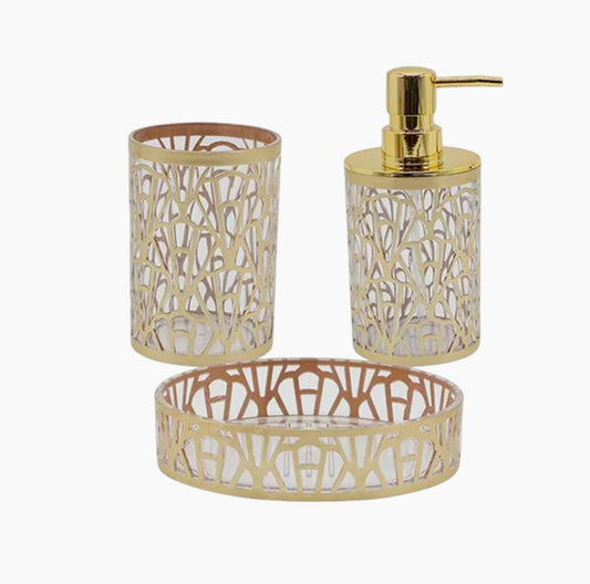 Set accessori bagno 3 pezzi in oro stile contemporaneo: dispenser sapone, bicchiere portaspazzolino e piattino portasapone - ambraled