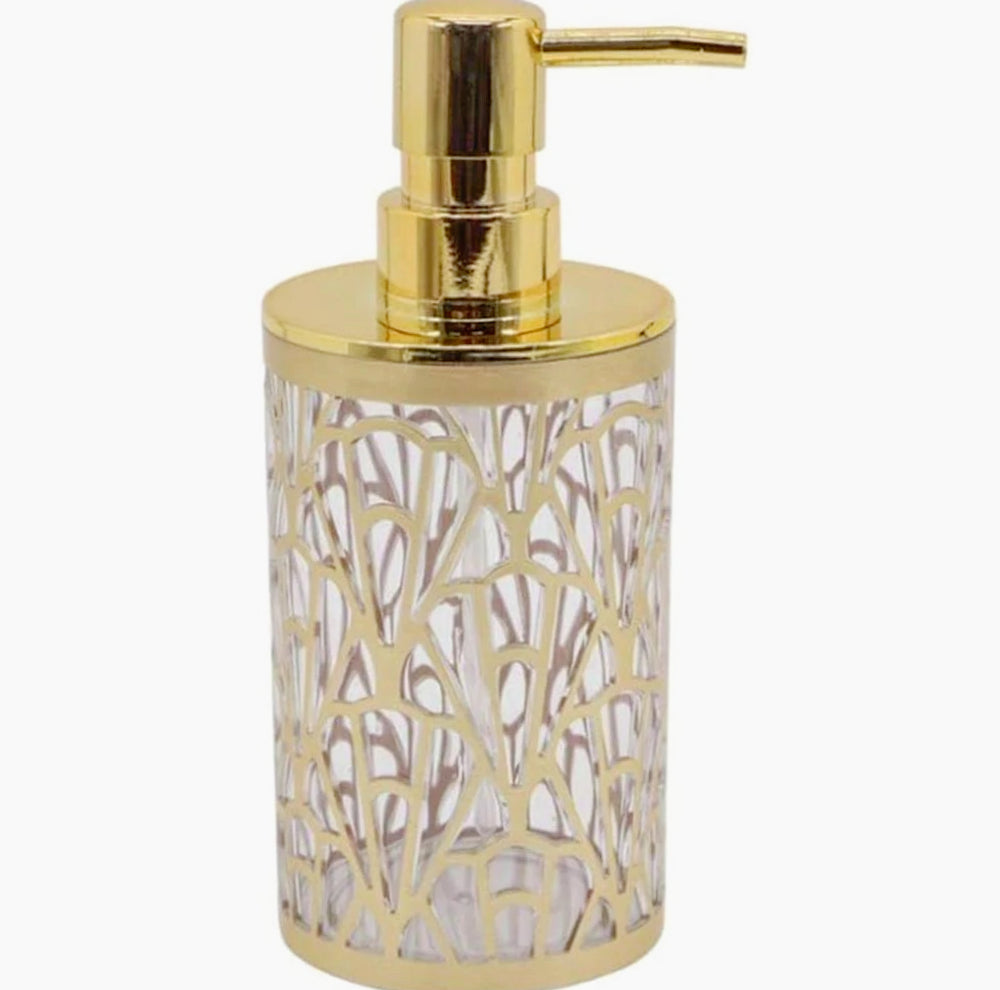 Set accessori bagno 3 pezzi in oro stile contemporaneo: dispenser sapone, bicchiere portaspazzolino e piattino portasapone - ambraled