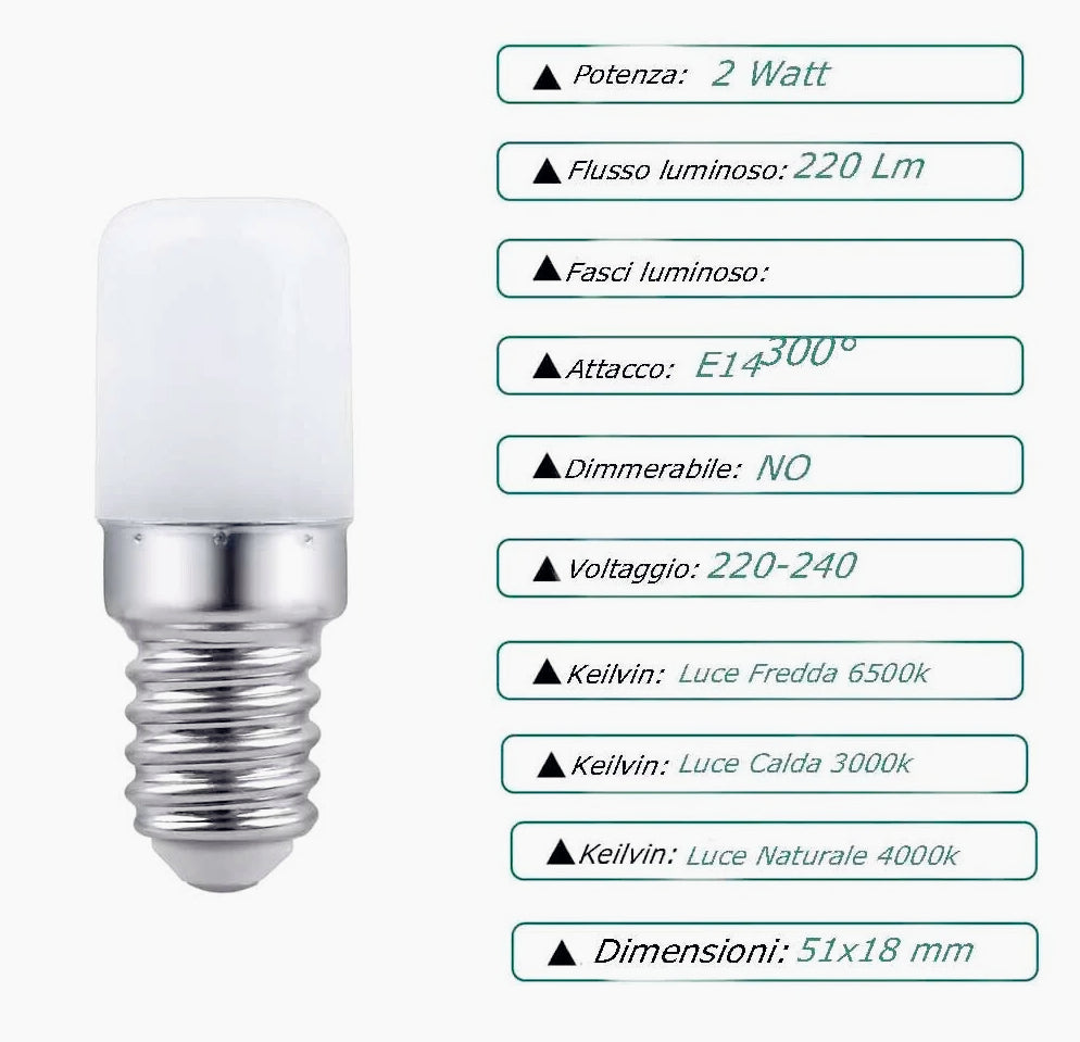 2 lampadine LED E14 2W per frigorifero, lampadario e macchina da cucire (60 caratteri) - ambraled