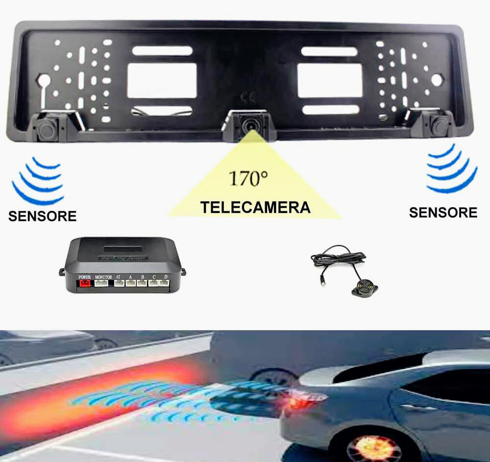 Portatarga con telecamera posteriore e 2 sensori parcheggio – Allarme sonoro - ambraled