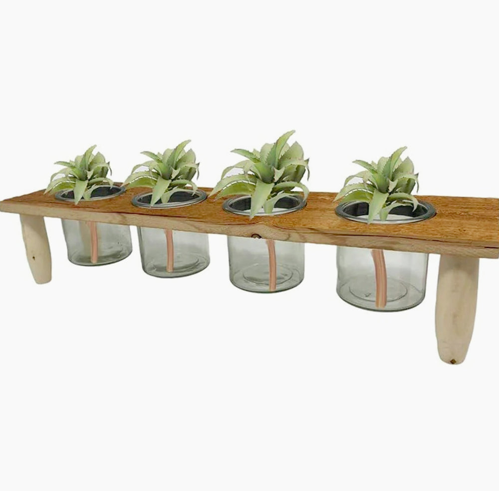 Porta pianta candele con base in legno con 4 vasi in vetro - ambraled