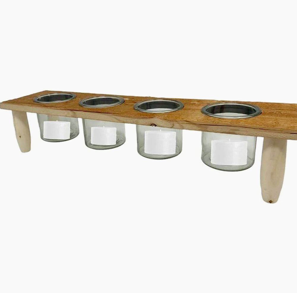 Porta pianta candele con base in legno con 4 vasi in vetro - ambraled