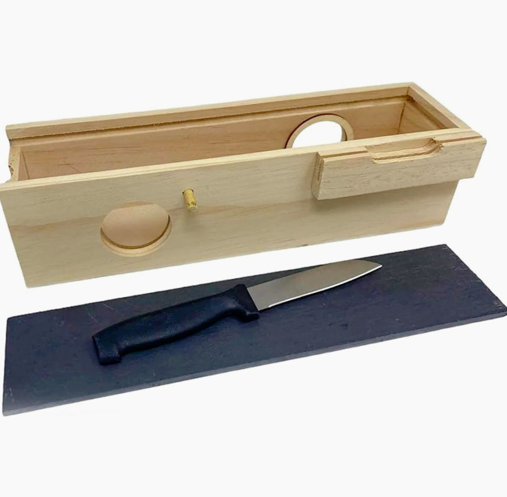 Scatola in legno per salame con tagliere ardesia e coltello coperchio - ambraled