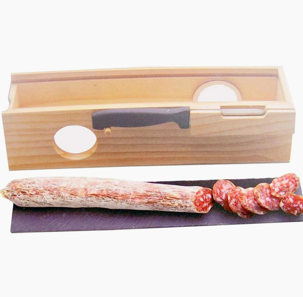 Scatola in legno per salame con tagliere ardesia e coltello coperchio - ambraled