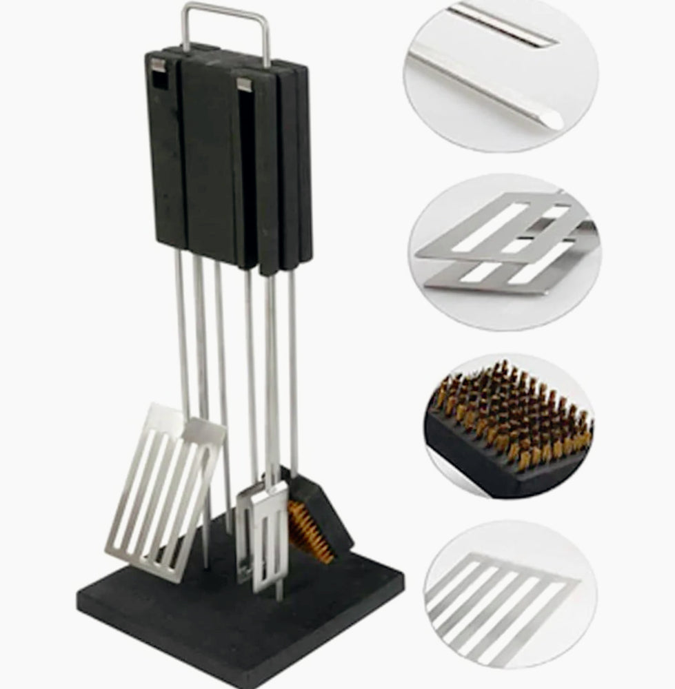 Set barbecue 4 pezzi con piantana – attrezzi camino in acciaio - ambraled