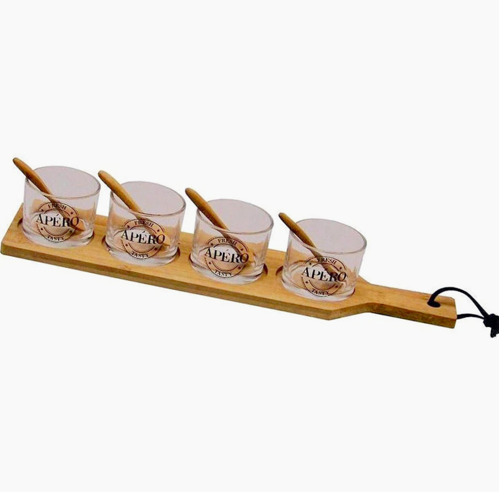 Set aperitivo con 4 bicchieri salse, vassoio e cucchiaini - ambraled
