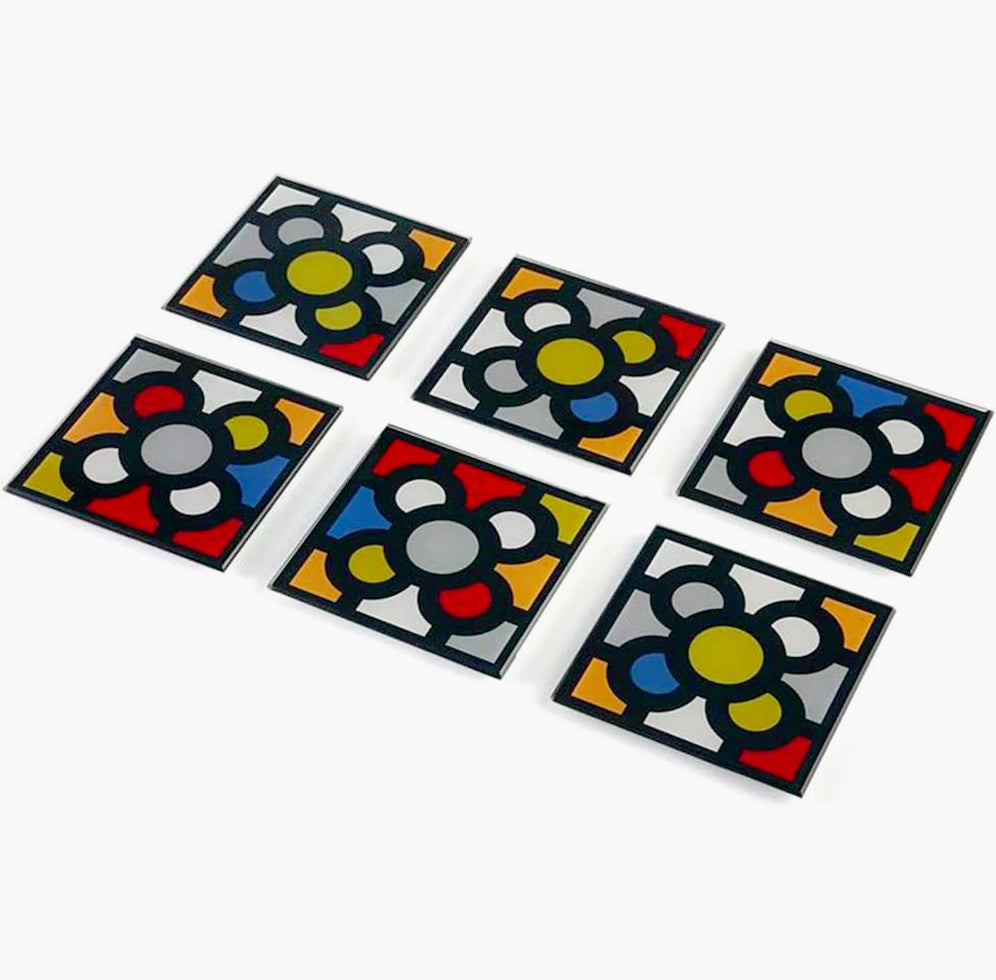 Set 6 sotto bicchieri in vetro con decorazione geometrica (10×10 cm) - ambraled