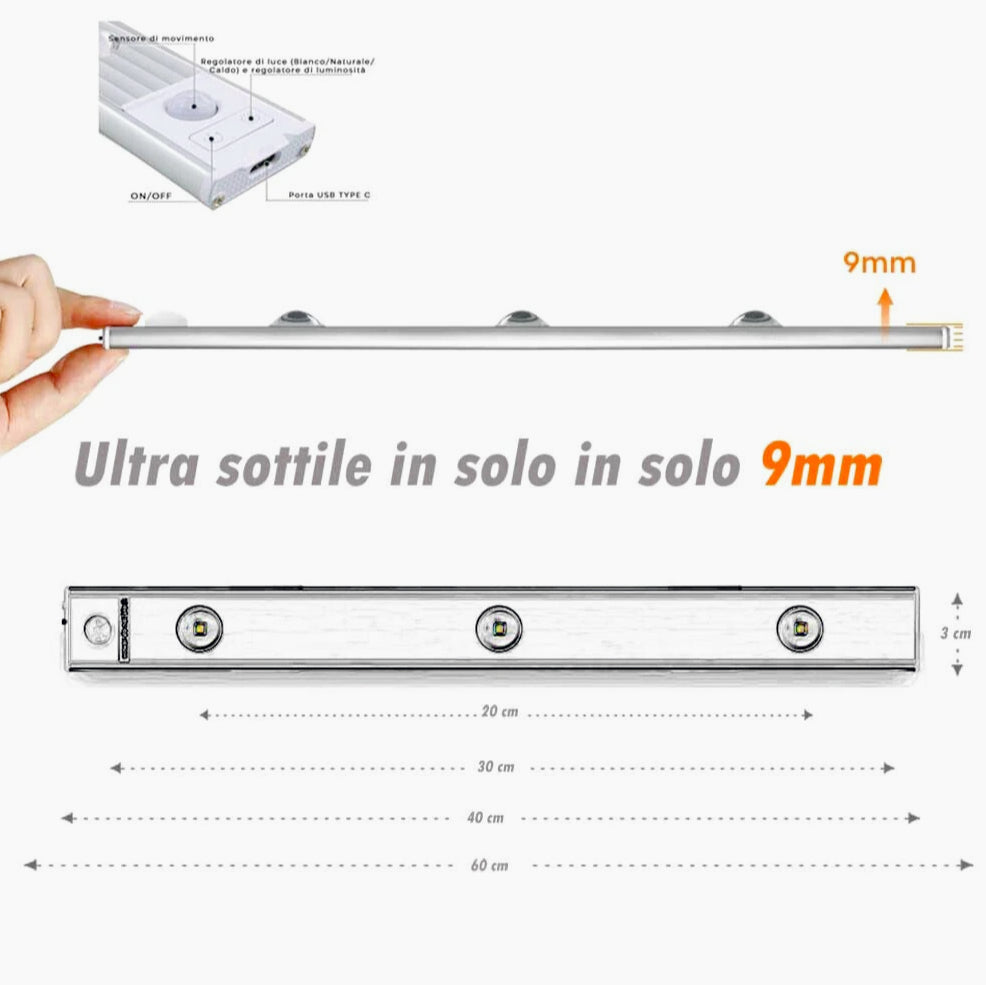 Sottopensile LED COB slim 20 – 60 cm, USB, sensore movimento, calamitato - ambraled