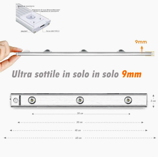 Sottopensile LED COB slim 20 – 60 cm, USB, sensore movimento, calamitato - ambraled