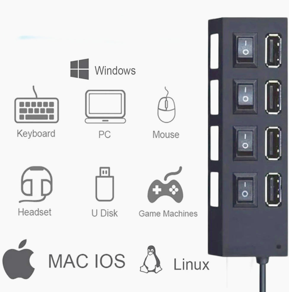 Hub USB 2.0 4 porte – con interruttori On/Off e LED - ambraled