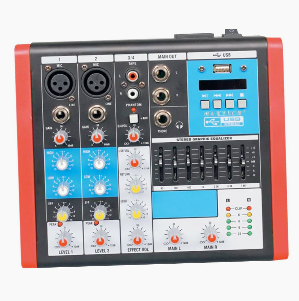 Mixer audio 4 canali – 2 XLR mic + phantom professionale - ambraled
