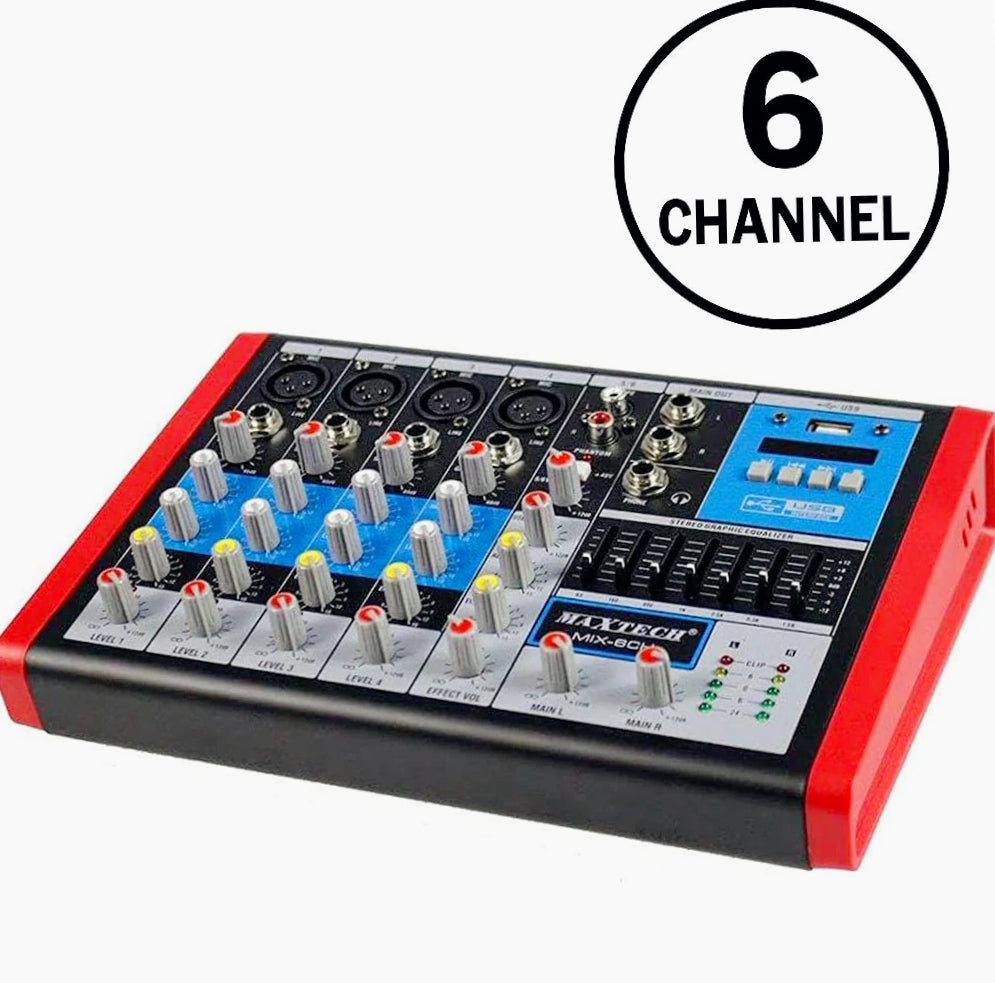 Mixer audio 6 canali – 4 XLR mic + phantom professionale - ambraled