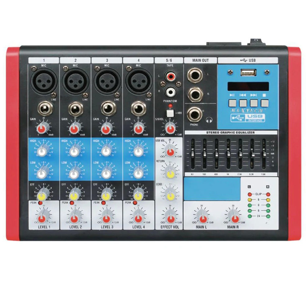 Mixer audio 6 canali – 4 XLR mic + phantom professionale - ambraled