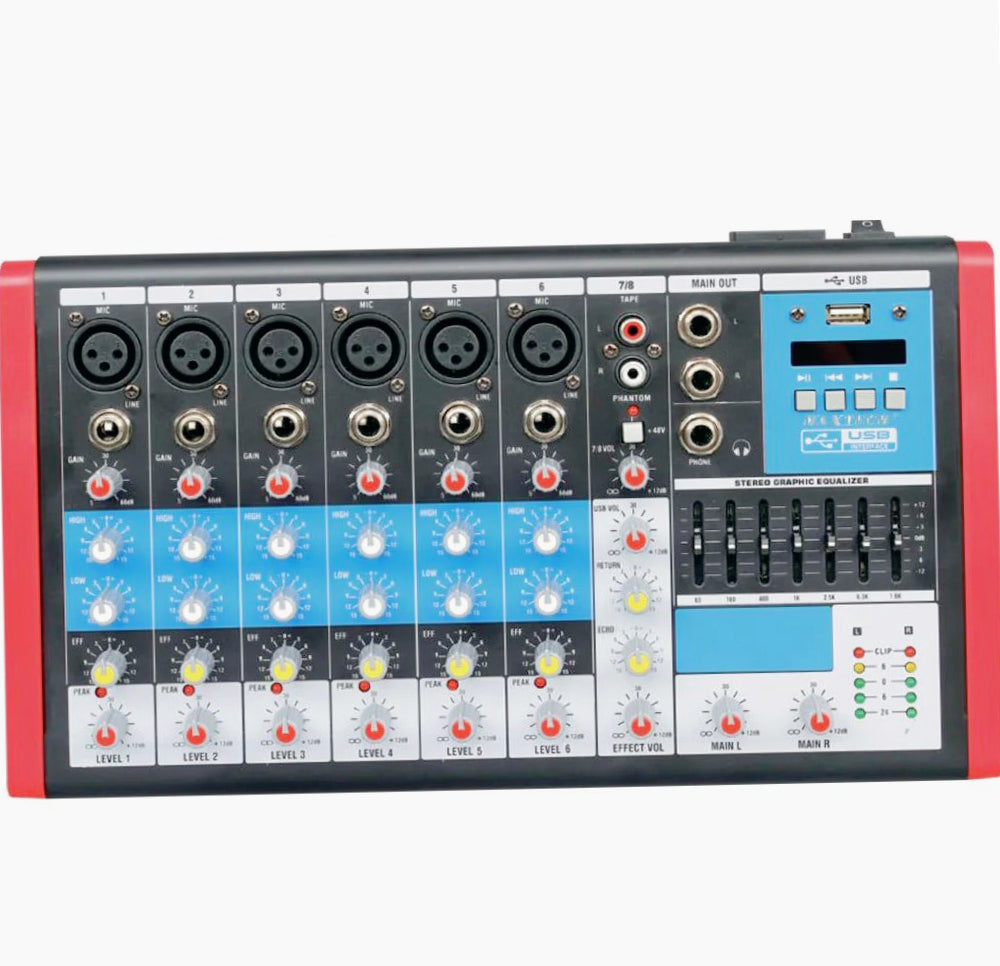 Mixer audio 8 canali – 6 XLR mic + phantom professionale - ambraled