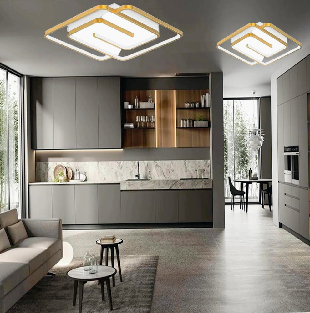 Plafoniera LED quadrata 48W - Design spirale bianco e oro, luce fredda 6500K - ambraled
