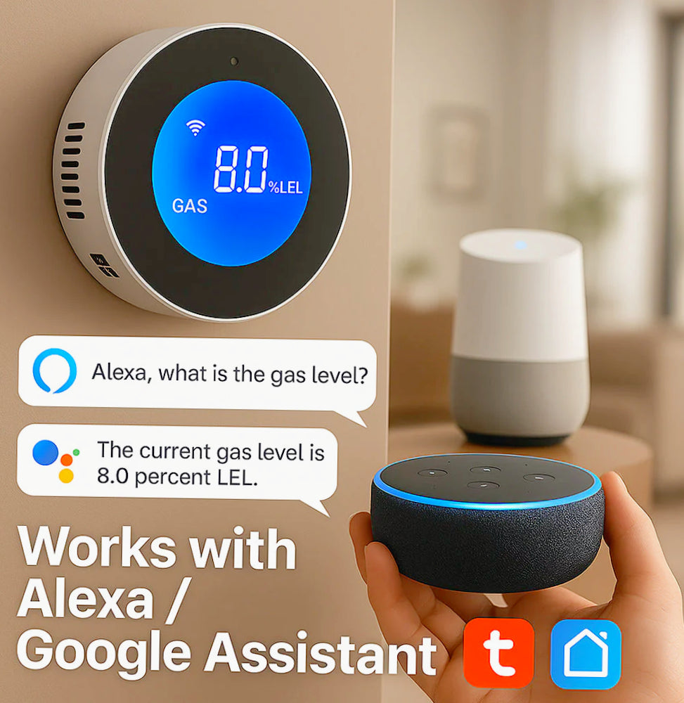 Rilevatore di gas intelligente Wi-Fi con allarme e connessione App – compatibile Alexa e Google
