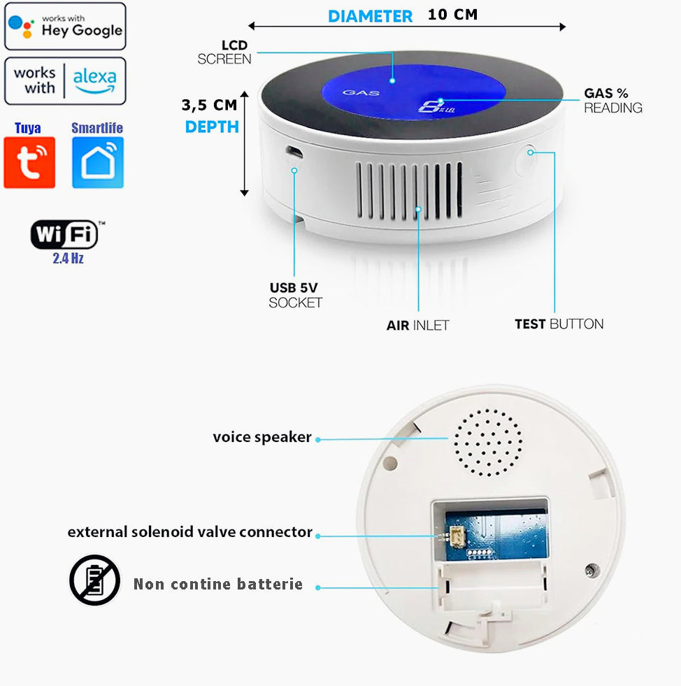 Rilevatore di gas intelligente Wi-Fi con allarme e connessione App – compatibile Alexa e Google