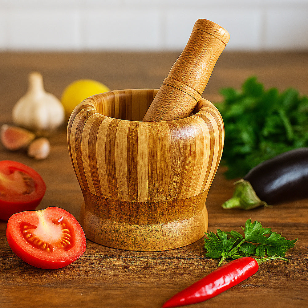 Mortaio con pestello in legno a strisce per pesto utensile da cucina