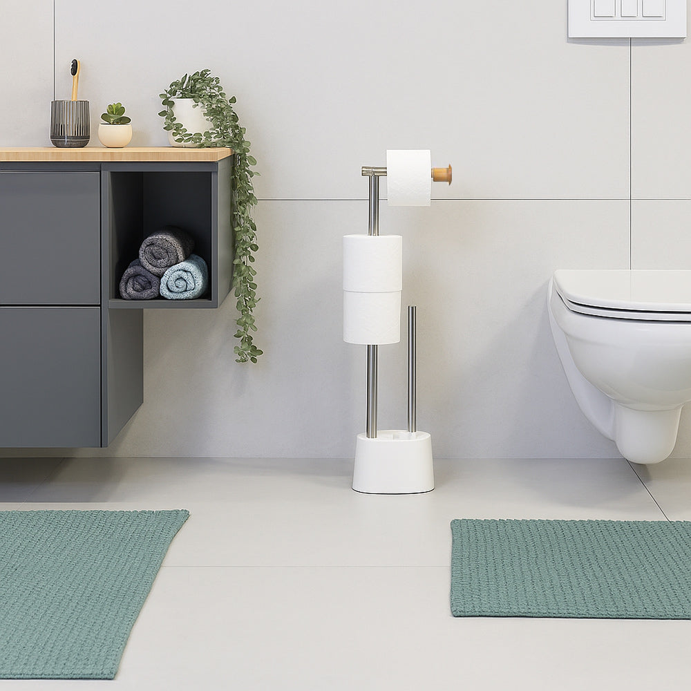 Piantana porta rotolo e scopino minimal per bagno salvaspazio da terra - ambraled
