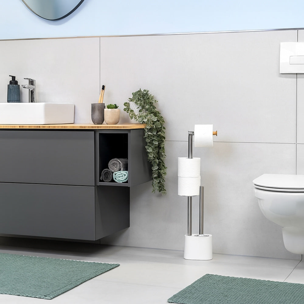 Piantana porta rotolo e scopino minimal per bagno salvaspazio da terra - ambraled
