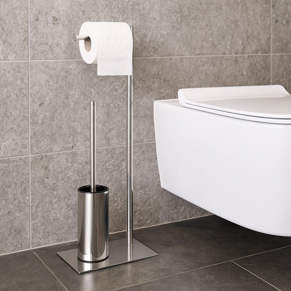Piantana porta rotolo e scopino per bagno da terra metallo lucido - ambraled