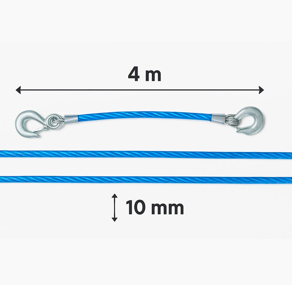 Fune traino acciaio 10mm x 4m – con 2 ganci e moschettoni - ambraled