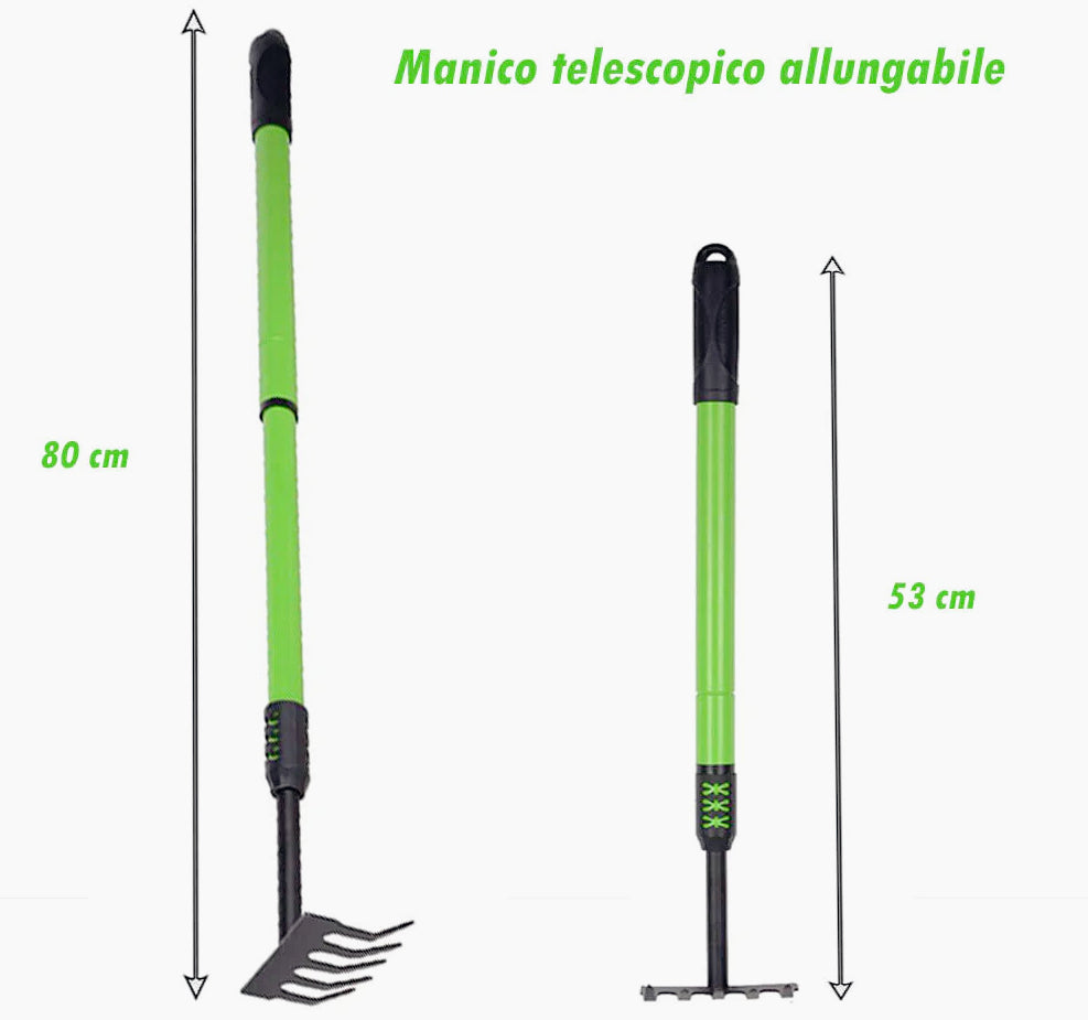 Rastrello da giardinaggio 5 denti curvi, manico telescopico regolabile 53–80 cm – facile da usare