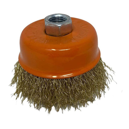 Spazzola tazza 75mm per smerigliatrice setole ferro ondulato ottonato - ambraled
