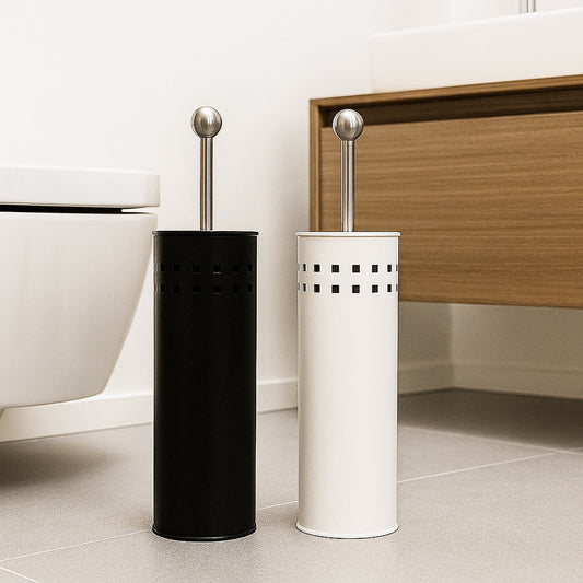 Portascopino a cilindro traforato con scopino da bagno con coperchio