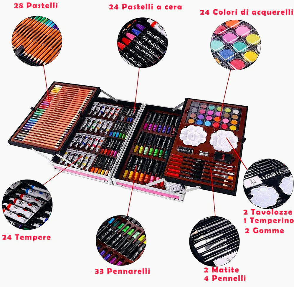 Set pittura artistico per bambini 145 pezzi valigetta colori - ambraled