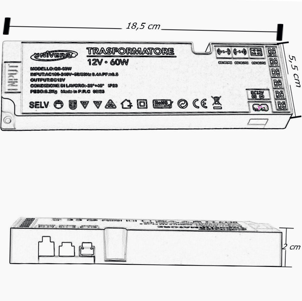 Alimentatore trasformatore da 230v a 12v 60 watt 6 uscite 3 ingressi - ambraled