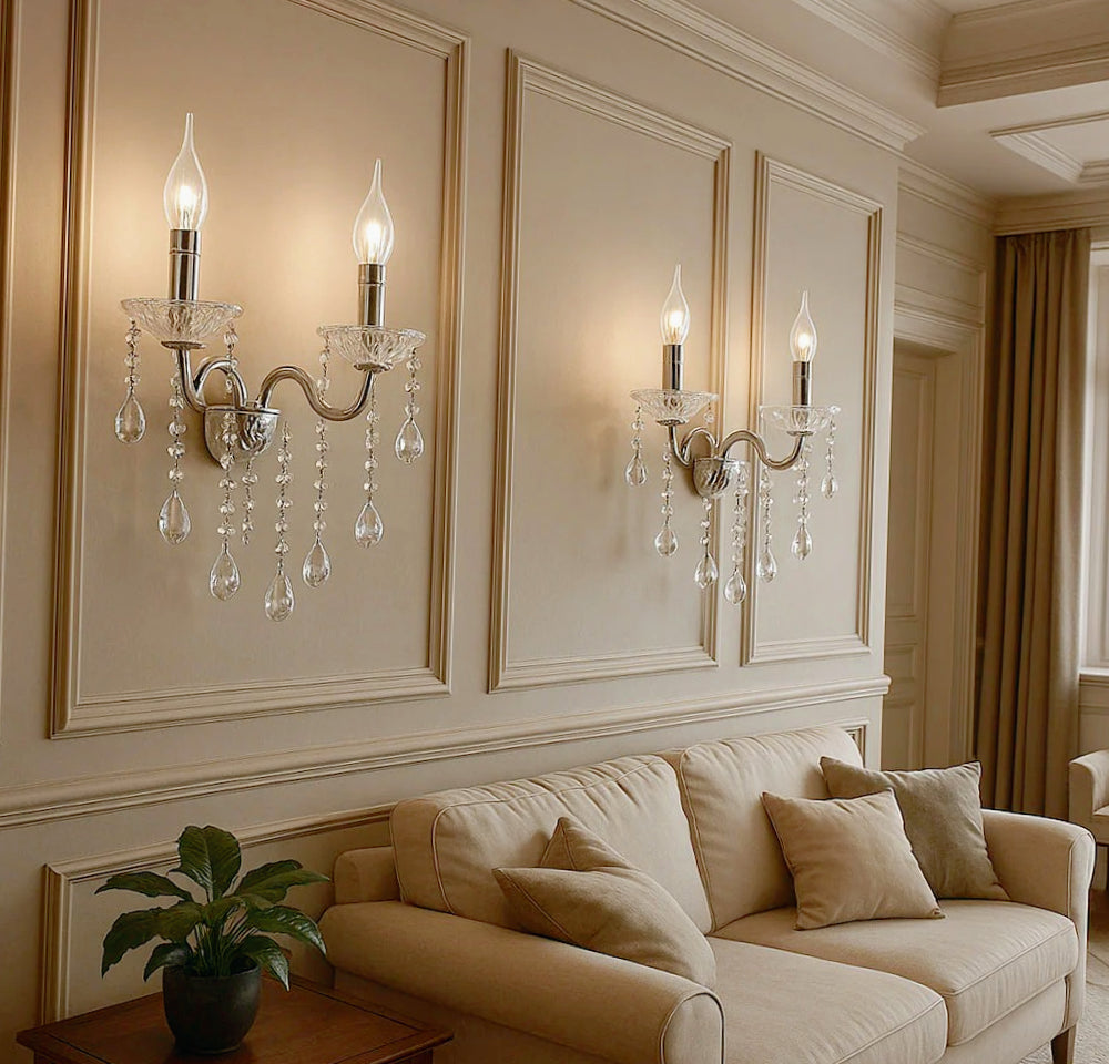 Applique candelabro retrò 2 bracci con pendenti a gocce in acrilico – Attacco E14 - ambraled