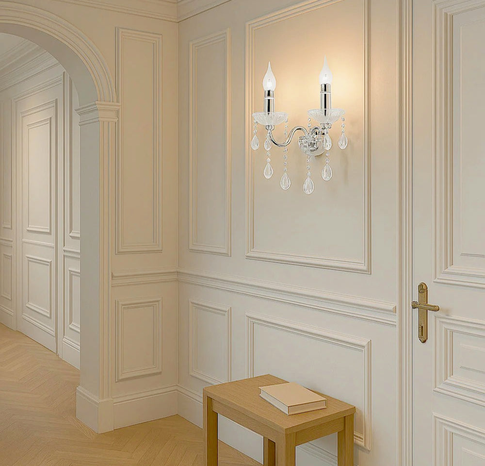 Applique candelabro retrò 2 bracci con pendenti a gocce in acrilico – Attacco E14 - ambraled