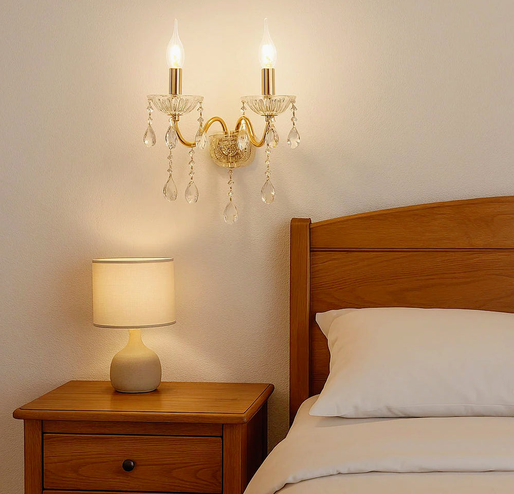 Applique candelabro retrò 2 bracci con pendenti a gocce in acrilico – Attacco E14 - ambraled