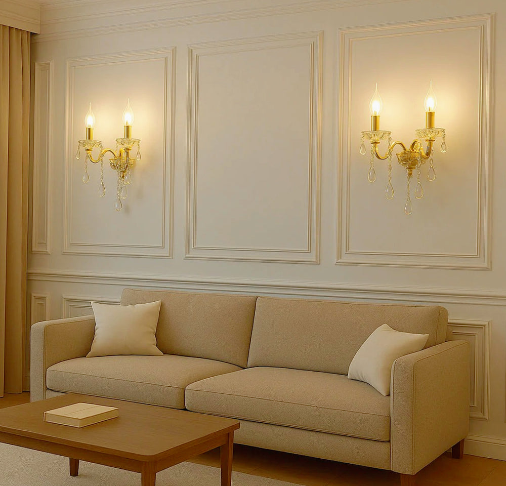 Applique candelabro retrò 2 bracci con pendenti a gocce in acrilico – Attacco E14 - ambraled