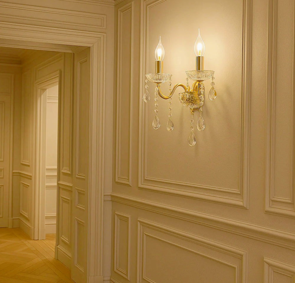 Applique candelabro retrò 2 bracci con pendenti a gocce in acrilico – Attacco E14 - ambraled