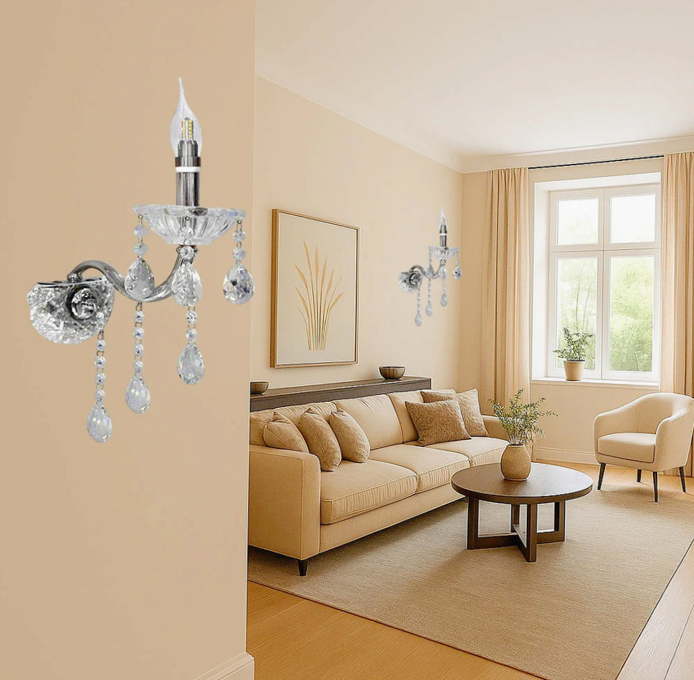 Applique candelabro con pendenti a gocce in acrilico – Attacco E14 - ambraled