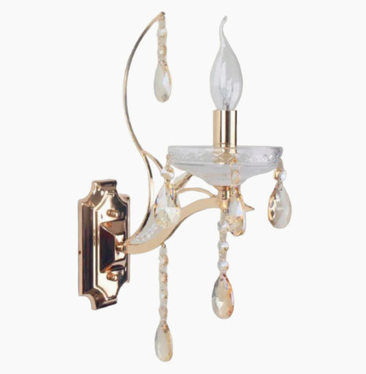 Applique a candelabro retrò 1 braccio – Con pendenti a gocce, attacco E14, finitura oro - ambraled