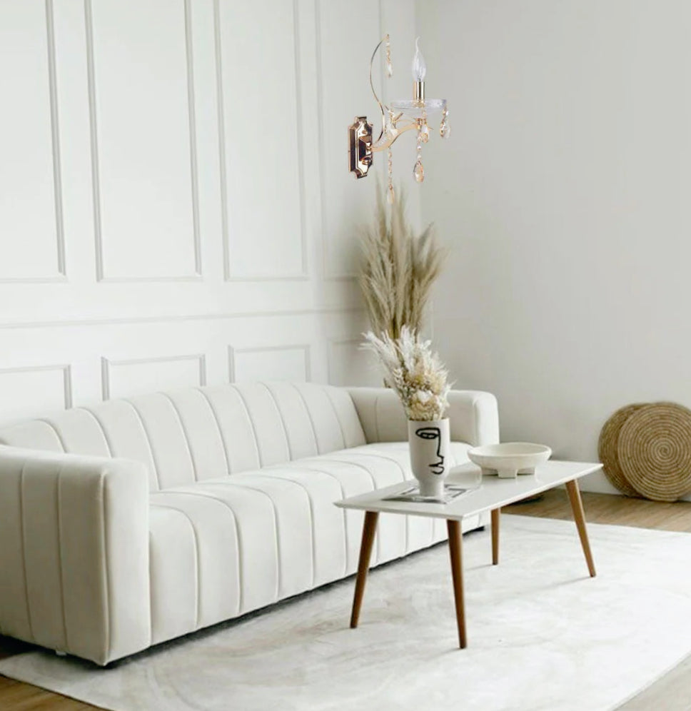 Applique a candelabro retrò 1 braccio – Con pendenti a gocce, attacco E14, finitura oro - ambraled