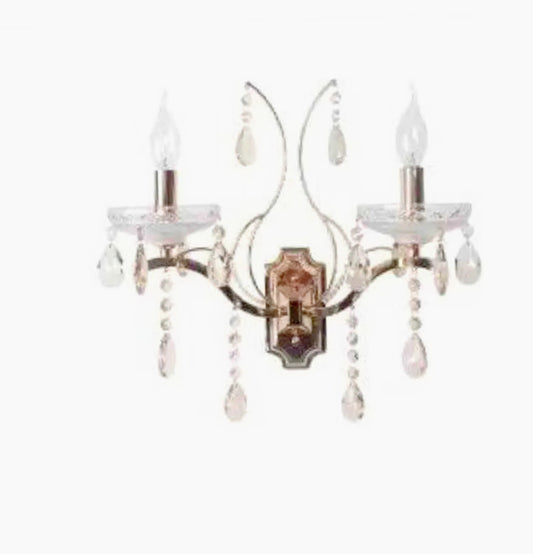 Applique a candelabro retrò 2 bracci – Con pendenti a gocce, attacco E14, finitura oro - ambraled