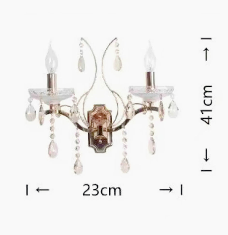 Applique a candelabro retrò 2 bracci – Con pendenti a gocce, attacco E14, finitura oro - ambraled