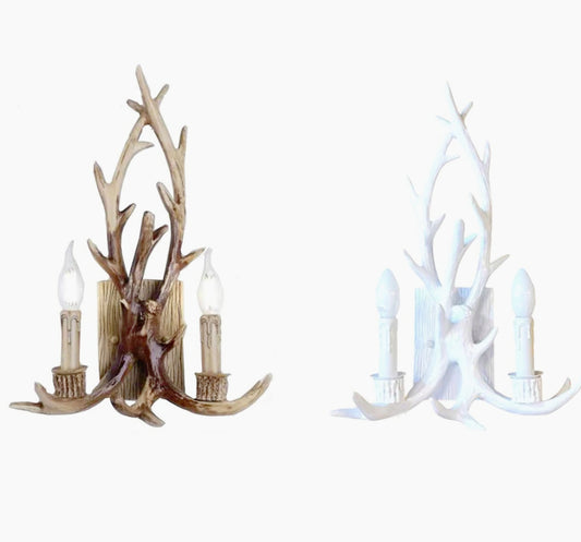 Applique country a corna di cervo – 2 portalampade E14, stile vintage retrò - ambraled