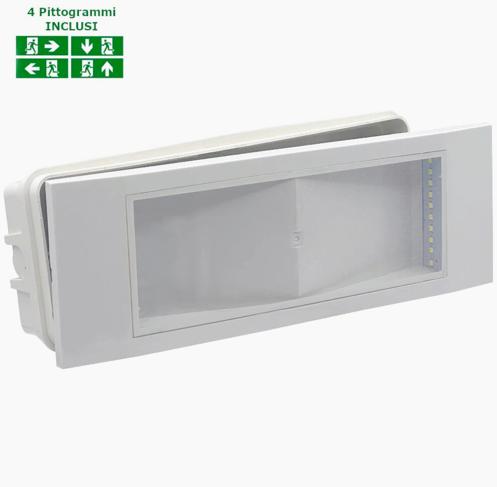Lampada LED da incasso di emergenza 5W – Bianca fredda 6500K con 4 pittogrammi di sicurezza - ambraled