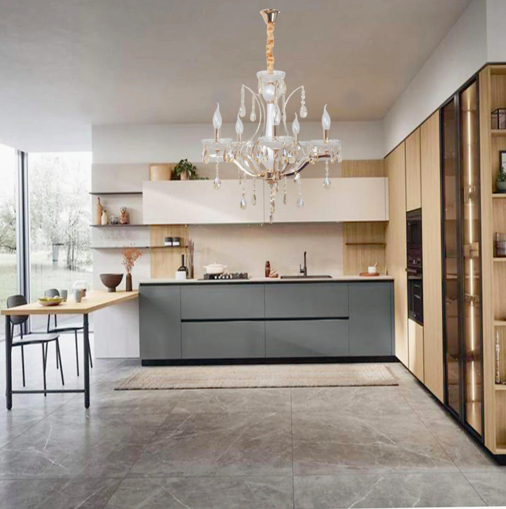 Lampadario a 3/5/8 bracci – Finiture bianco perlato e oro, pendenti decorativi E14 - ambraled