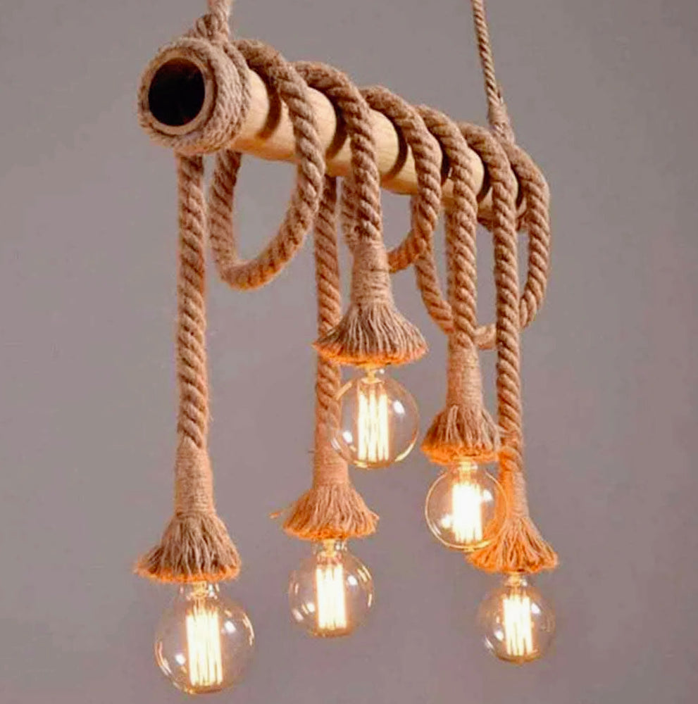 Lampadario a sospensione in corda di canapa – 6 portalampada E27 - ambraled