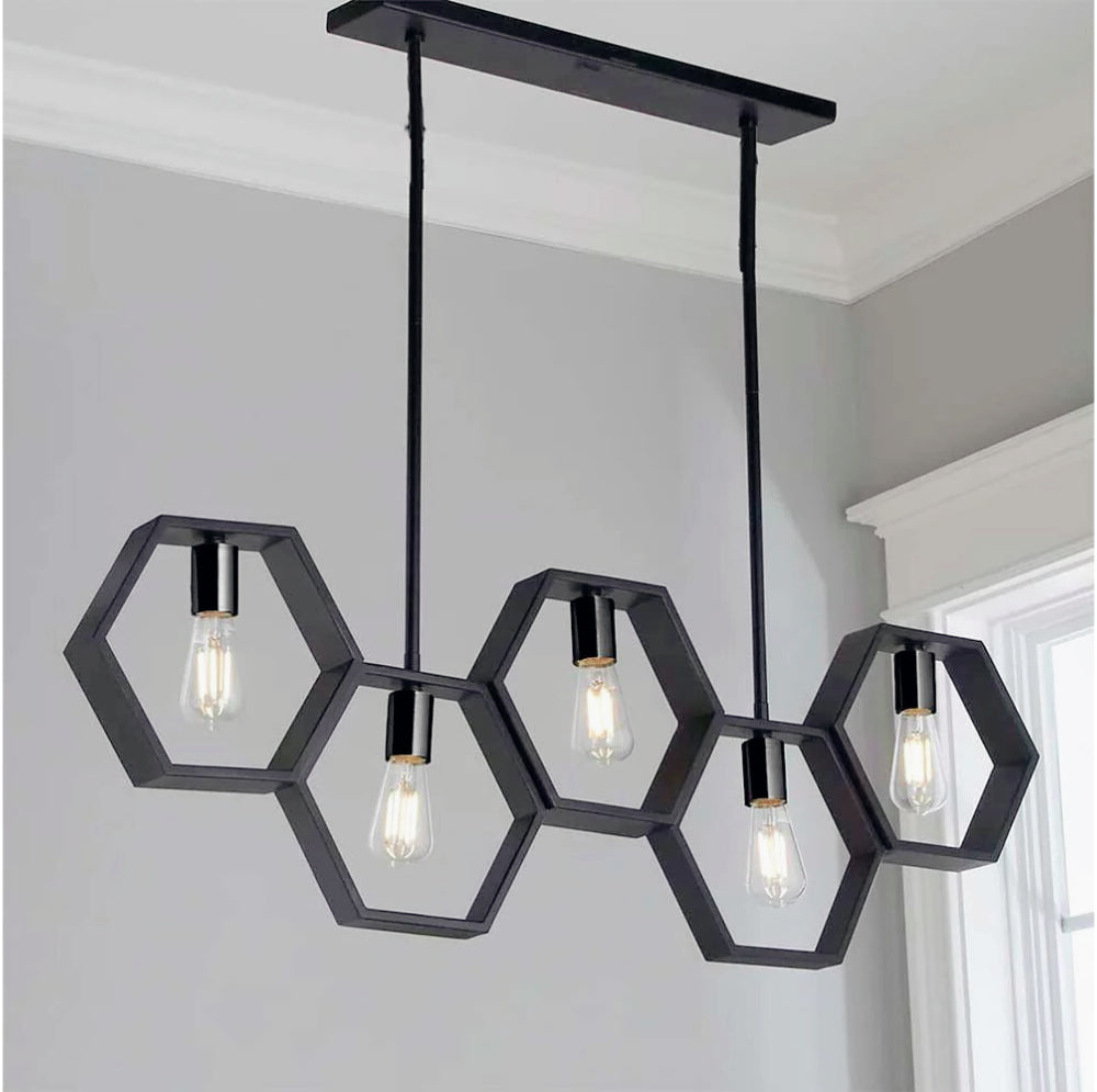 Lampadario a sospensione in metallo nero – Design geometrico con esagoni, attacco E27 - ambraled